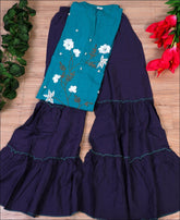 Teal Blue Rayon hand work Kurti Set